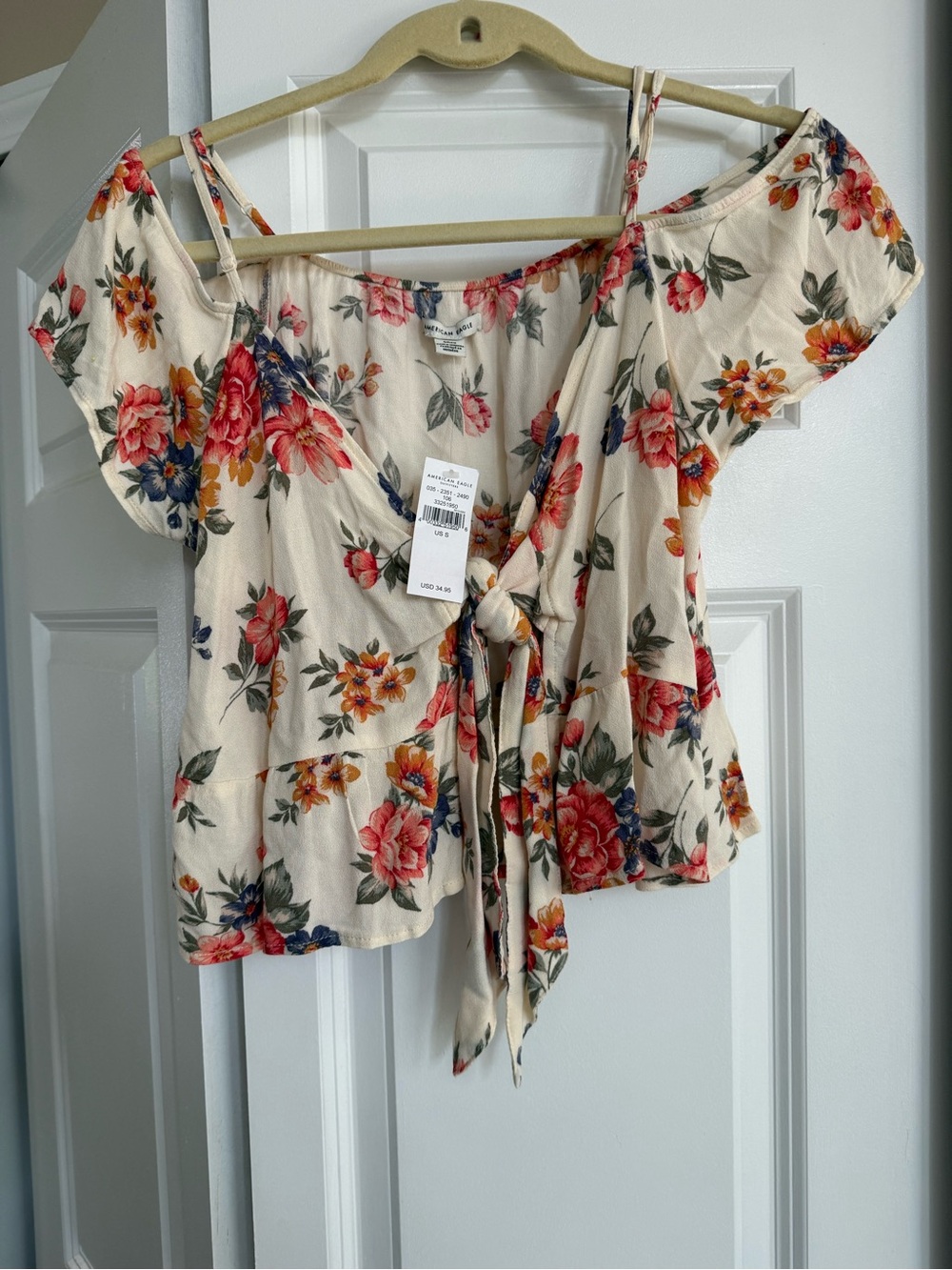 American Eagle Outfitters Cream Floral Tie-Front Off-Shoulder Crop Top